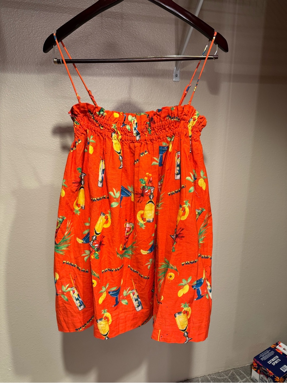 Women’s Orange Tropical Print Mini Dress with Spaghetti Straps